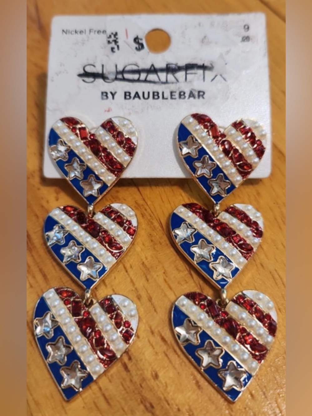 BAUBLEBAR Patriotic Triple Linear Red White & Blue Sparkling Heart Earrings NWT